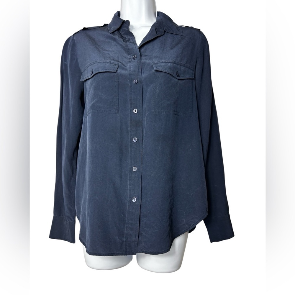 Vince Womens Silk Collar Long Sleeve Button Down Shirt Blue Size XS Office Work